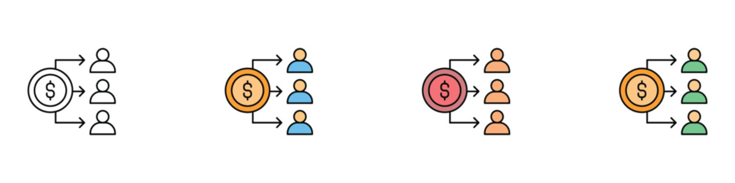 Money distribution and fund allocation icon set. Vector illustration of financial profit sharing coin symbol, employee salary payment graphics, and affiliate commission sign on white background.