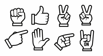 Fototapeta premium Set of various hand gestures and finger signs in a simple black and white line art style.