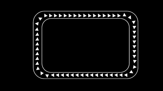 Minimalist white arrow border frame rotates around a centra copy space over a solid black background.
