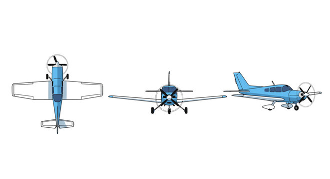 Three view technical drawing of a light blue propeller airplane isolated on white background.