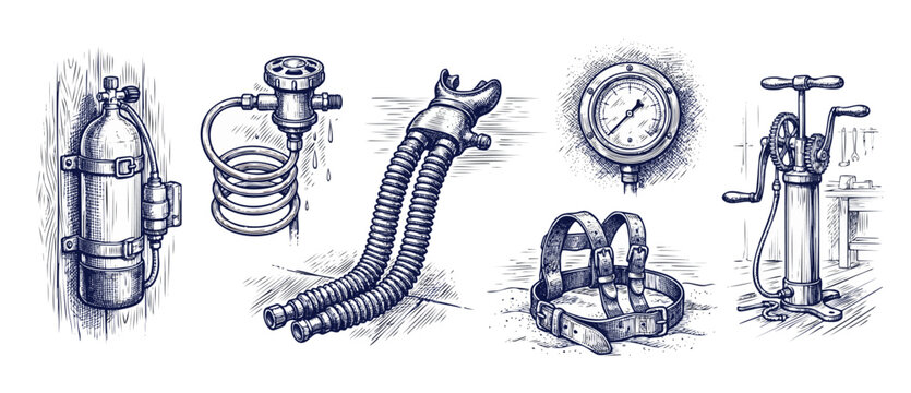 Vintage diving equipment sketch illustrations showing antique scuba gear, oxygen tank, regulator, air hose, pressure gauge, safety harness, and manual air pump for marine underwater exploration dive.