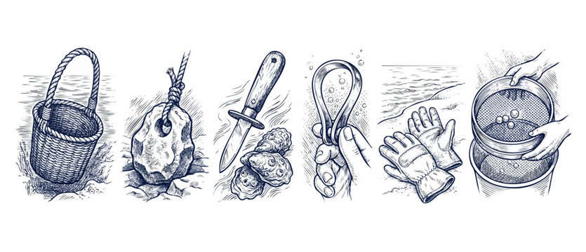 Oyster harvesting pearl diving tools vintage sketch collection showing marine foraging equipment including basket, stone anchor weight, shucking knife, oysters, gloves, and pearl sifter sieve set icon
