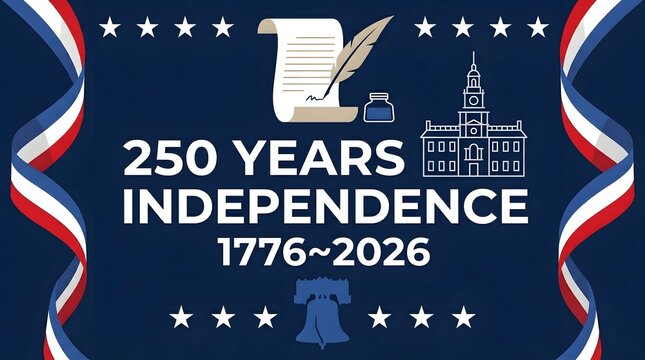 250 years independence 1776 to 2026 anniversary with independence hall silhouette, quill pen, inkwell, and wavy red white and blue patriotic ribbons