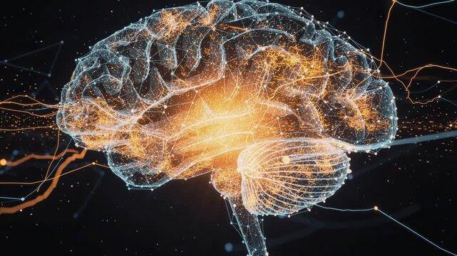 Futuristic glowing digital brain network with neural connections and bright sparks on dark background