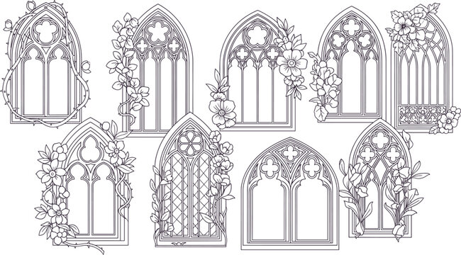 Gothic window frames with floral vines and ornate decorative vector