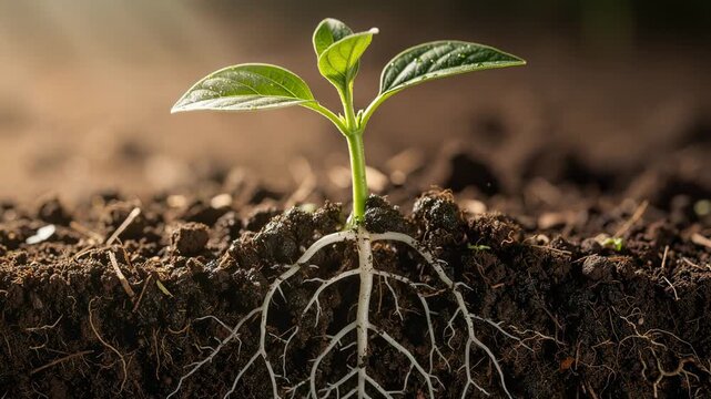 Young green plant seedling growing in rich soil with visible roots symbolizing growth and nature