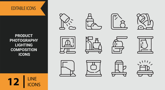 Technical product photography lighting composition outline icons for commercial studio guides and camera courses