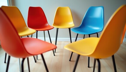 Fototapeta premium Colorful chairs arranged in a circle suggest teamwork and creativity. Modern furniture invites collaboration for meetings and workshops. Bright seating creates a vibrant and welcoming atmosphere.