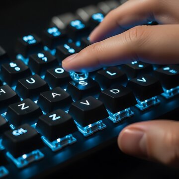 Person typing on illuminated keyboard in dark room.