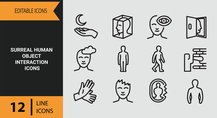 Naklejka premium Deep surreal human object interaction outline icons for psychological concepts and modern editorial art