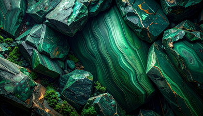 Obraz premium An immersive abstract background featuring luxurious malachite mineral formations with deep emerald green swirls, intricate banding patterns, and natural geological crystal textures in high definition