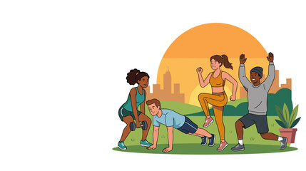 Fototapeta premium Youth fitness group exercising outside with healthy lifestyle concept during dynamic morning workout session
