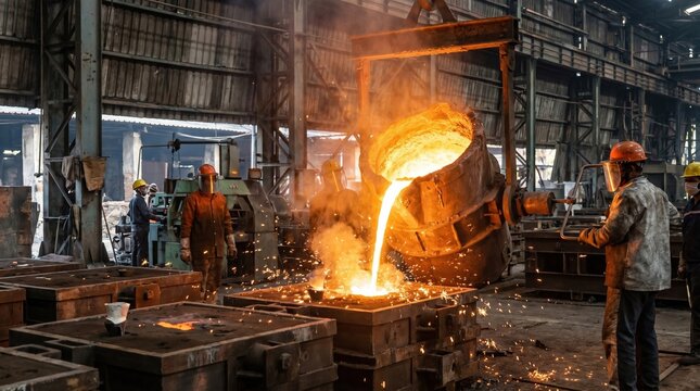 Industrial metal casting process in a foundry with molten steel pouring from a ladle into a sand mold by skilled male workers wearing protective safety gear