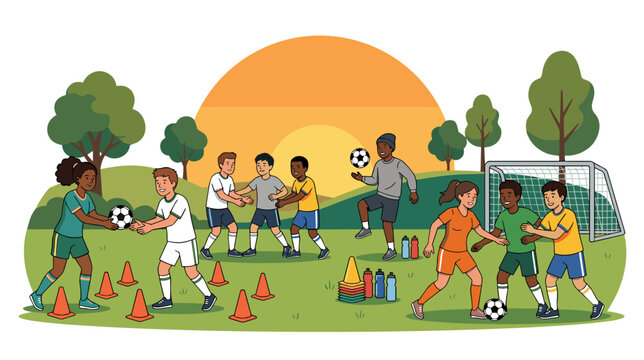Youth soccer team training on field with teamwork concept and active dynamic sports victory goal