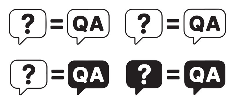 Speech bubble with question mark and letters qa vector illustration set isolated on grey background.