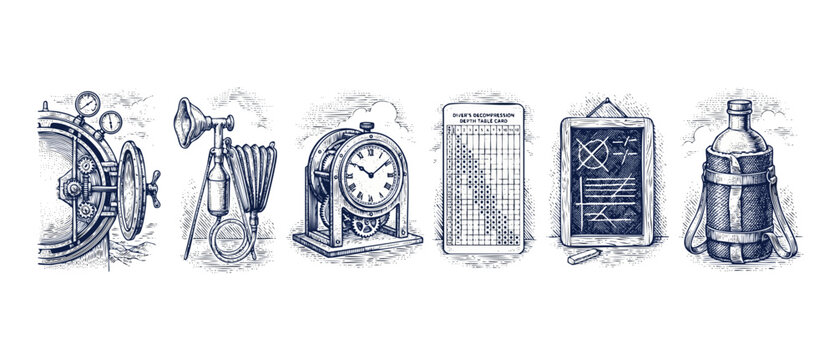 Vintage deep sea diving equipment engraving illustration set featuring historic decompression chamber hatch, manual air bellows pump, marine chronometer clock, depth table card, and chalkboard