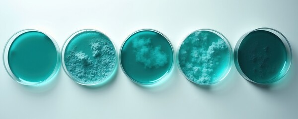 Fototapeta premium Five petri dishes hold teal liquid and cloudy substance. Scientific research and medical testing in lab. Biology and chemistry experiments progress.