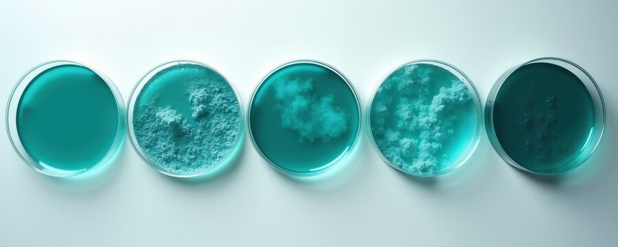 Five petri dishes hold teal liquid and cloudy substance. Scientific research and medical testing in lab. Biology and chemistry experiments progress.
