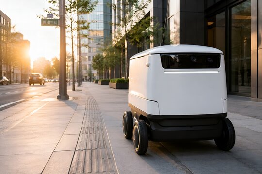 Autonomous last mile delivery robot moving on a city sidewalk during golden hour sunset