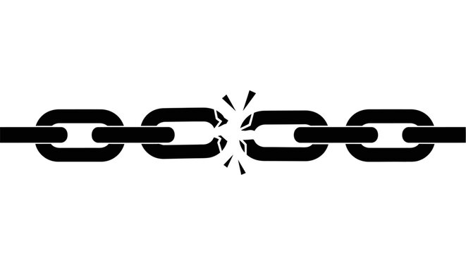 Black silhouette icon of a broken metal chain link isolated on white background.