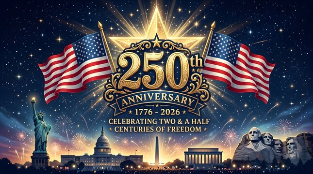 A grand 250th anniversary celebration featuring the statue of liberty, the us capitol building, and mount rushmore under a starry night sky