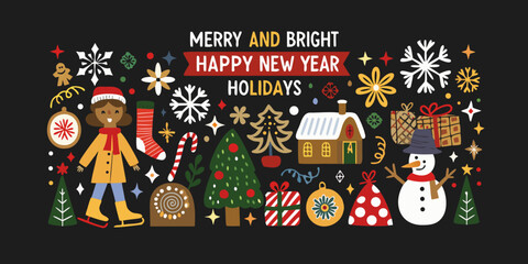 Fototapeta premium Festive holiday illustration with winter elements and seasonal decorations