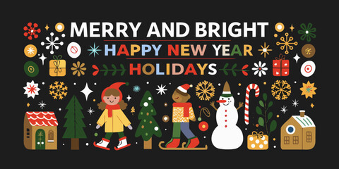 Fototapeta premium Holiday illustration with winter scenes festive elements and dark background