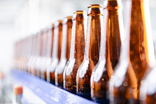 Rows of bottled beer in modern brewery factory setting, sunlight