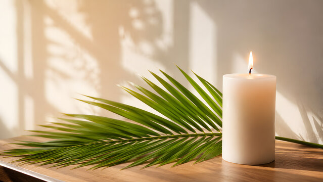 A lit white pillar candle with a green palm leaf on a wooden table