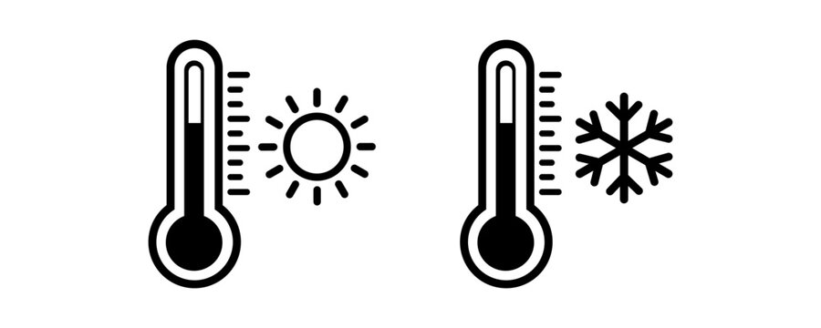 Minimalist black and white thermometer icons with sun and snowflake symbols representing hot and cold temperature conditions for universal climate design