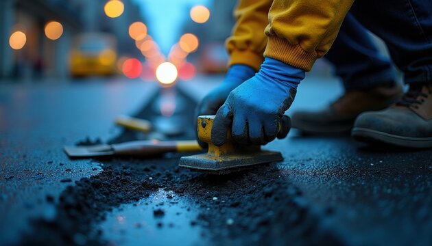 Worker repairs road surface with asphalt mixture. Hands in gloves use tool to smooth patch on street. Urban street maintenance, fixing pothole for safe driving.