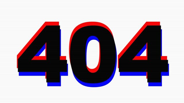 White and black 404 error page not found with red and blue digital glitch
