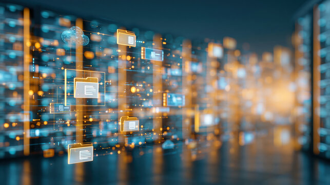 Cloud document management concept with glowing folder icons and data flow illustrating secure digital storage and networked servers