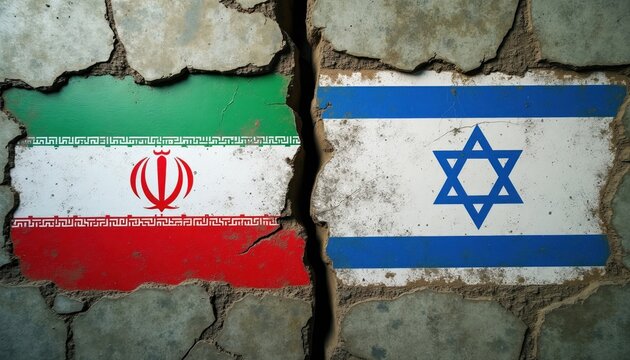 Iranian and Israeli flags are painted on cracked wall. Concrete surface is broken down middle, showing deep division and conflict between two nations. Symbolizes animosity and ongoing strife.