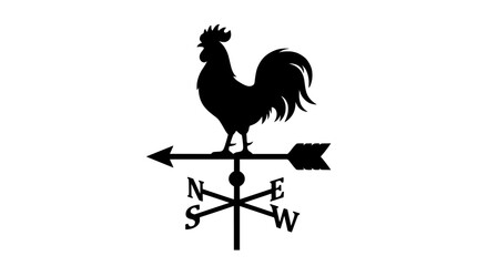 Fototapeta premium Black silhouette of a rooster weather vane with directional compass rose indicating North South East West PNG Isolated on transparent background