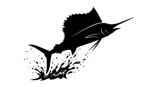 Black silhouette of a sailfish leaping out of the water with splashes and spray PNG Isolated on transparent background