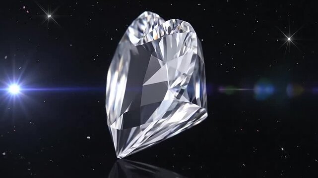 A sparkling heart shaped diamond rotates against a dark starry background