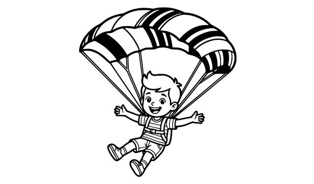 Cute little boy flying with parachute coloring page vector line art for kids