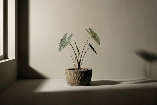 Alocasia zebrina houseplant in a rustic stone pot against a neutral beige wall with dramatic window shadows, symbolizing winter dormancy and rest.