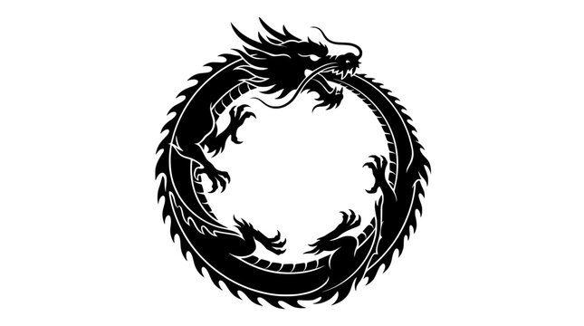 Ouroboros Dragon Symbol of Eternity and Cyclical Nature in Black Silhouette PNG Isolated on transparent background
