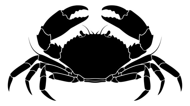 Black silhouette of a crab with claws raised and legs spread wide, a marine crustacean illustration PNG Isolated on transparent background