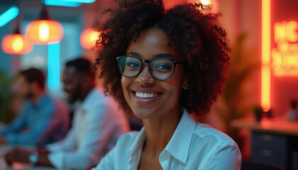 Obraz premium Smiling Black woman with glasses in office with neon lights. Diverse team works behind her. Modern creative workspace with blurred colleagues.