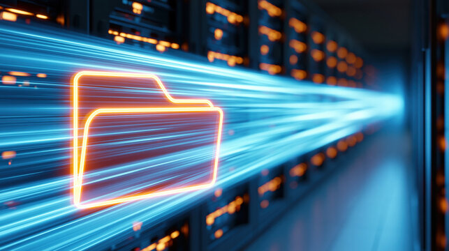 Neon folder icon data transfer in futuristic server room with glowing fiber optic light streaks and speed motion