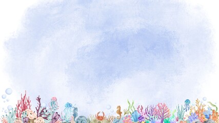 Watercolor under the sea background with cute coral reef and sea creatures.Vibrant nature abstract background featuring a beautiful watercolor under the sea scene.  © MadameDero