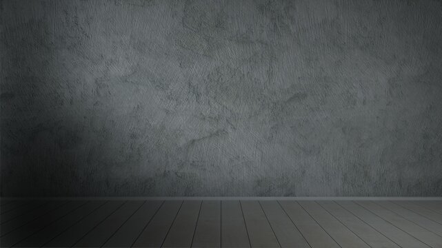 Dark concrete wall and wooden floor empty room background.Empty dark studio room background with rough gray concrete wall and black wooden floor. Featuring a soft spotlight effect with vignette shadow