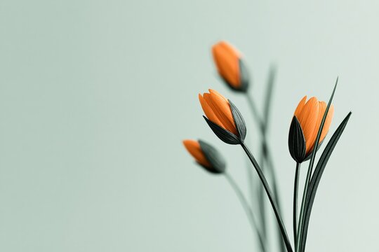 Flowers in a vase with orange petals and green leaves on a plain background