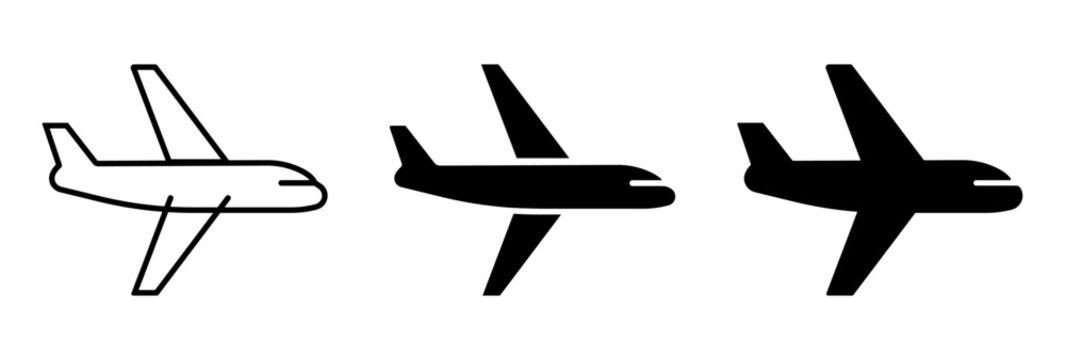 Airplane silhouette icon collection featuring outline aircraft, black airplane symbols, aviation transport pictograms, flight travel icons and commercial jet shapes. Ideal for airport signage, airline