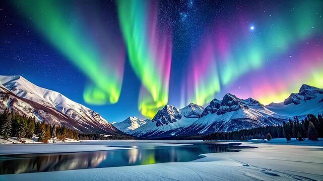 Vibrant aurora borealis dancing over a snowy mountain range and lake