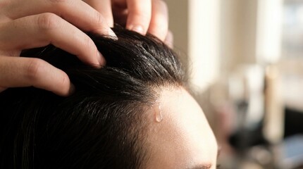 Naklejka premium Applying hair serum droplet to scalp close up