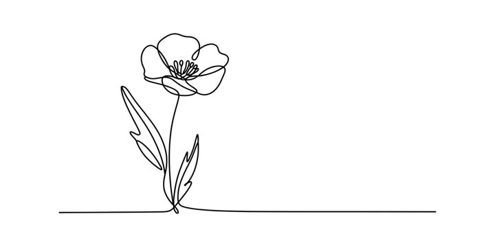 Continuous single line drawing of a simple flower with leaves